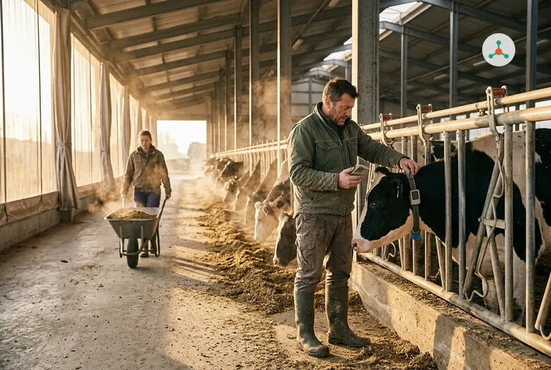 In a dairy barn in early golden light, a farmer checks the sensor box on a cow's neck collar while holding a smartphone, and a young woman pushes a wheelbarrow of feed along the aisle