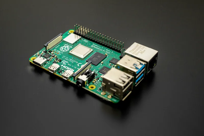 Close-up of a single-board computer on a dark table