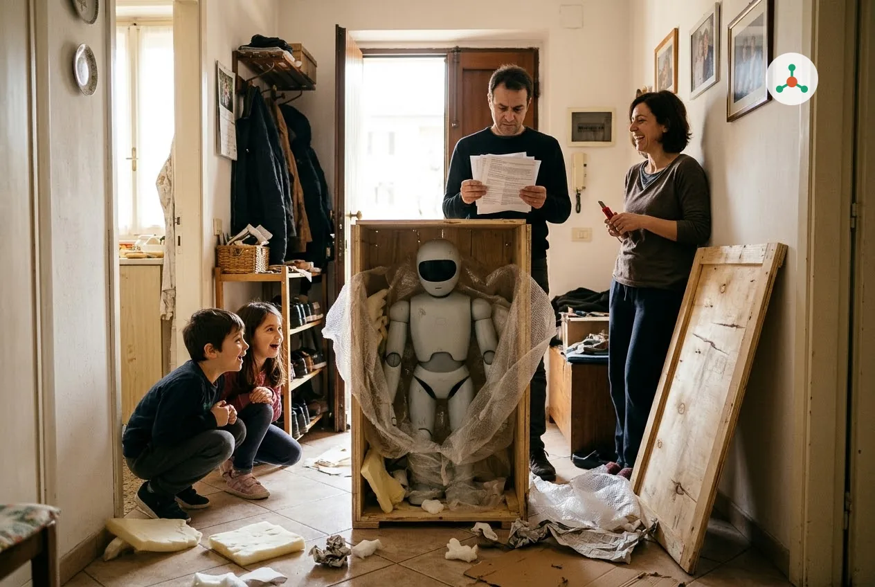 In the entrance hall of a family apartment, a light-grey household robot stands in an opened wooden shipping crate, half wrapped in plastic; two children crouch and stare at it, their father frowns at a stack of shipping papers and their mother laughs holding a box cutter