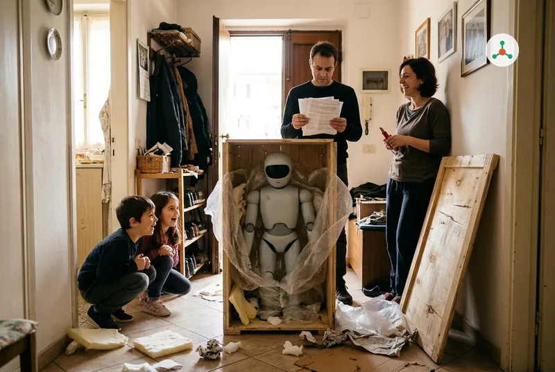 In the entrance hall of a family apartment, a light-grey household robot stands in an opened wooden shipping crate, half wrapped in plastic; two children crouch and stare at it, their father frowns at a stack of shipping papers and their mother laughs holding a box cutter