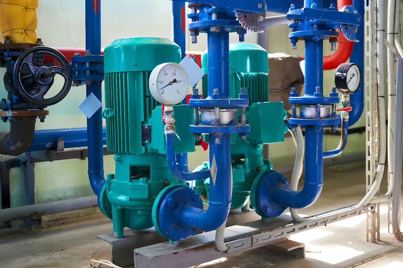 Pipes and valves in an industrial plant room