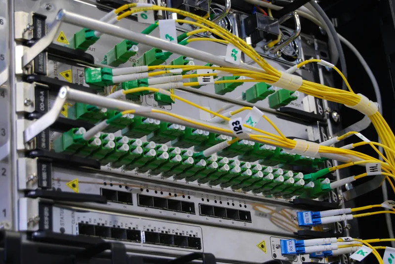 Fibre-optic cables plugged into a network switch in a rack