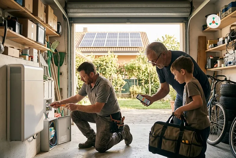In a family garage open onto a garden, with solar panels on the roof beyond, an electrician connects a white wall-mounted home battery while an older man looks at an energy app on his phone and his grandson holds the toolbag