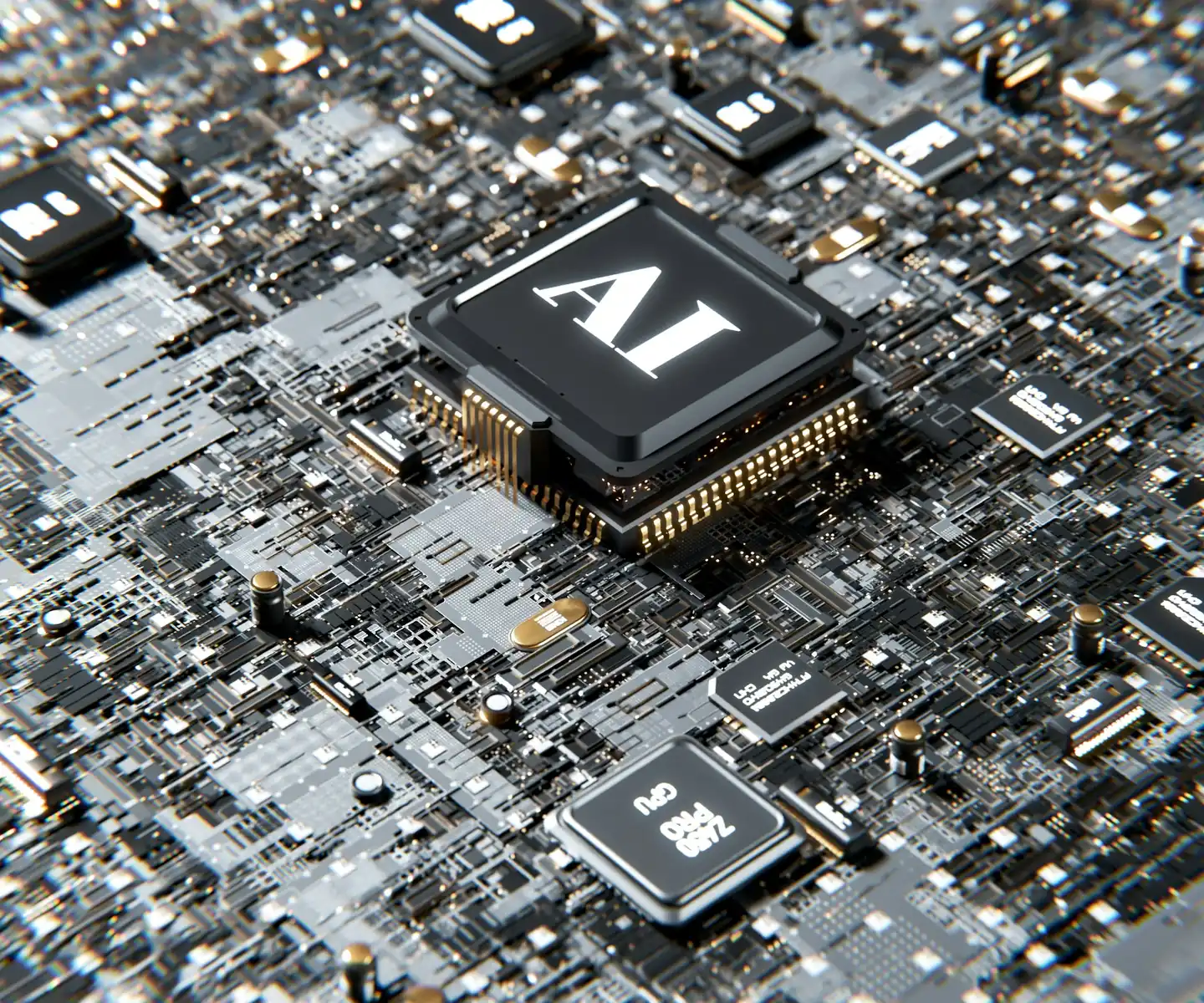 3D render of a processor marked AI on a circuit board