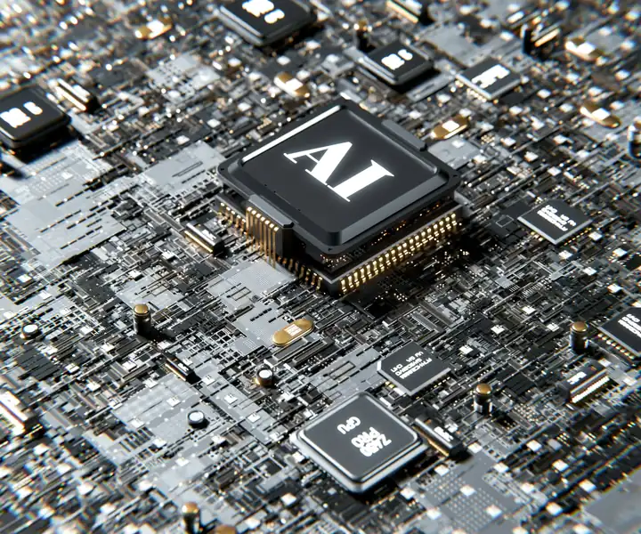 3D render of a processor marked AI on a circuit board
