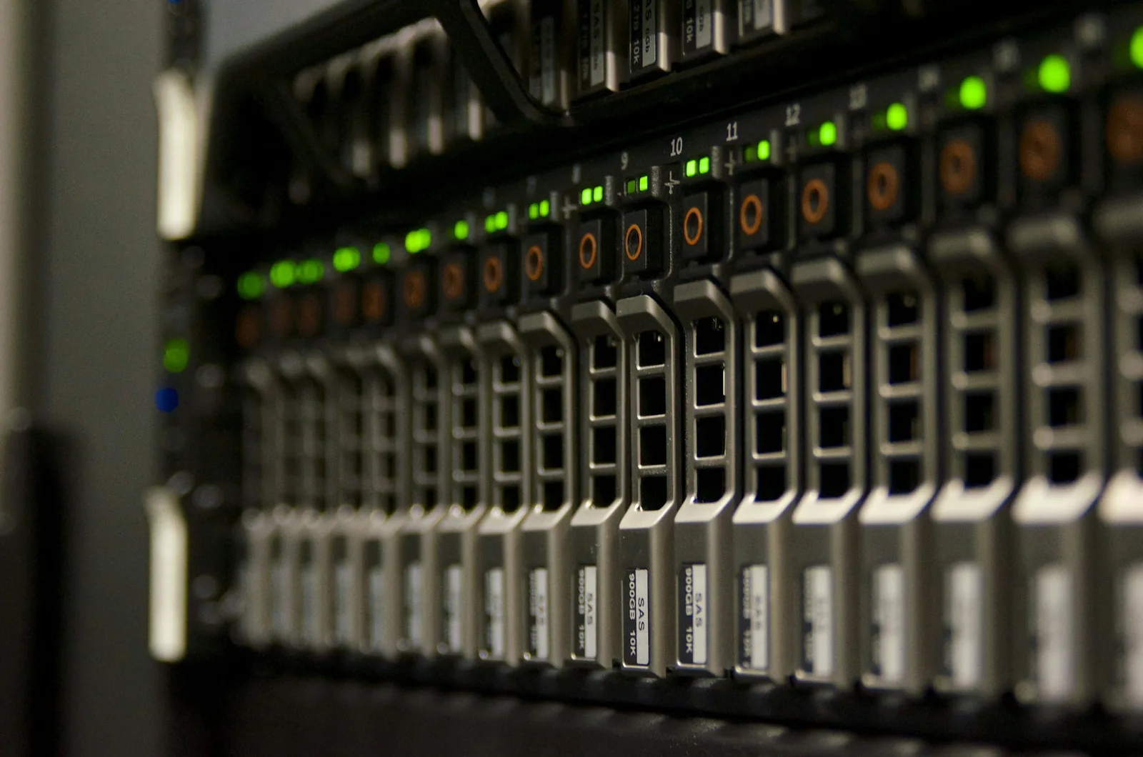 Server rack with blinking green status lights