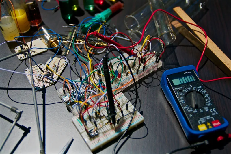Prototype boards, wires and a multimeter on a test bench