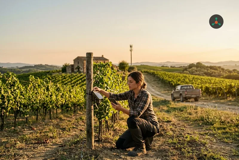 A young agronomist kneels between rows of vines at sunset, fixing a small solar-powered sensor to a wooden post while checking a smartphone; a farmhouse and a telecom mast stand on the hill behind her