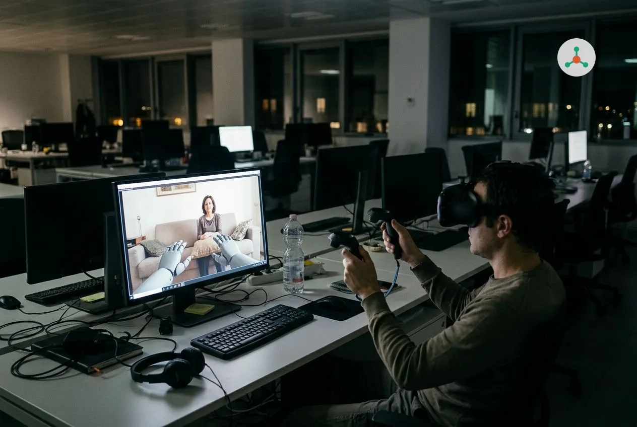In a dark office at night, an operator wearing a VR headset holds two controllers; on his monitor, seen through the robot's camera, a woman sits on her sofa looking warily at the robot hands reaching towards her