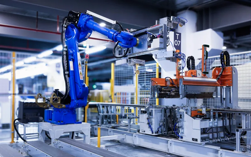 Blue industrial robot arm on a factory floor