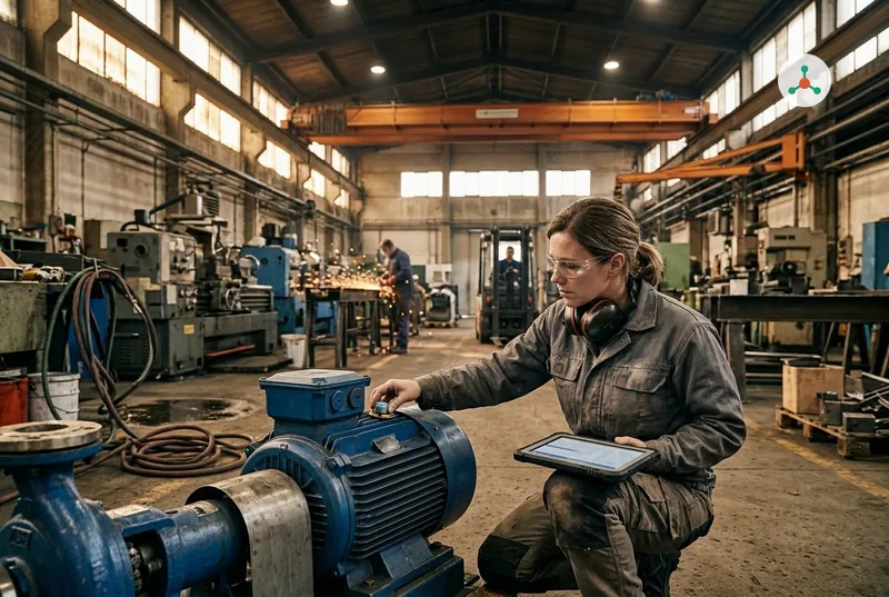 In a metalworking factory under orange overhead cranes, a technician kneels by a blue electric motor and fixes a small wireless vibration sensor to it, a tablet on her knee and a forklift behind