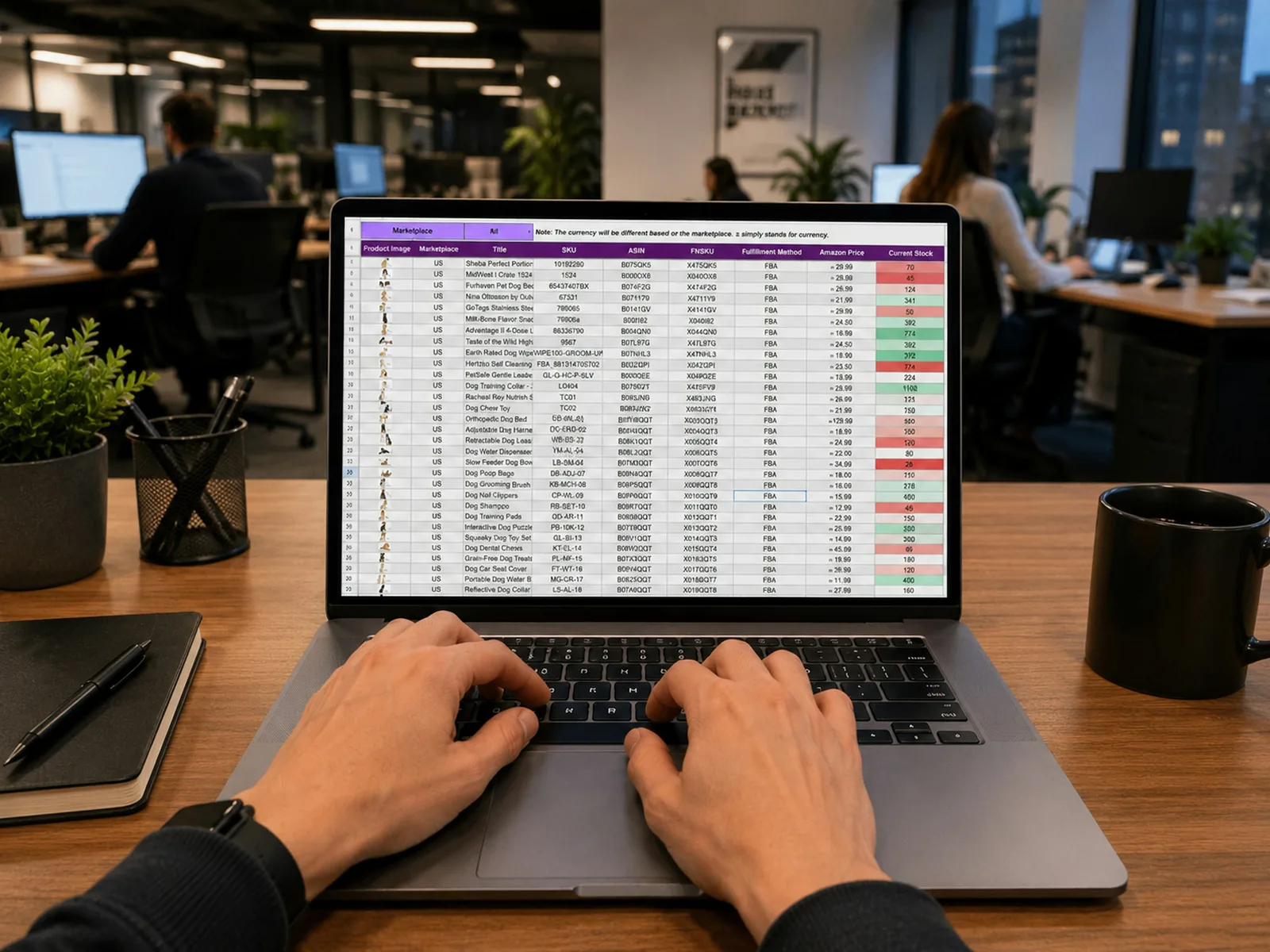 Hands typing on a laptop that shows a data sheet