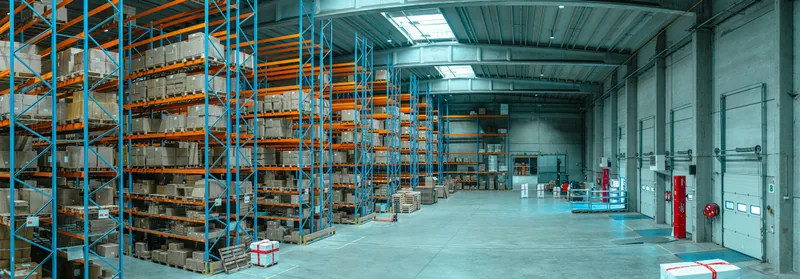 Tall blue warehouse racks filled with cardboard boxes