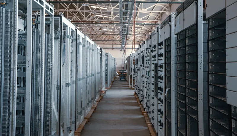 Server room corridor with metal equipment racks