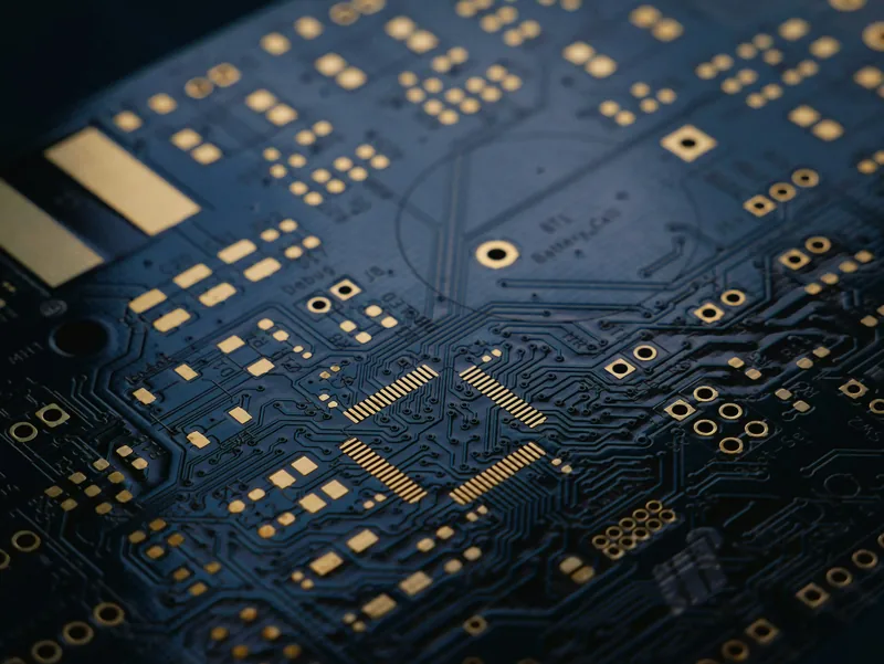 Close-up of a dark blue electronics board