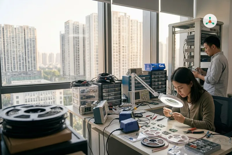 In an electronics lab with city towers outside the window, a young engineer holds a tiny wireless module with tweezers under a magnifier lamp, test boards and component reels on the bench; a colleague checks a tablet beside a rack of network equipment