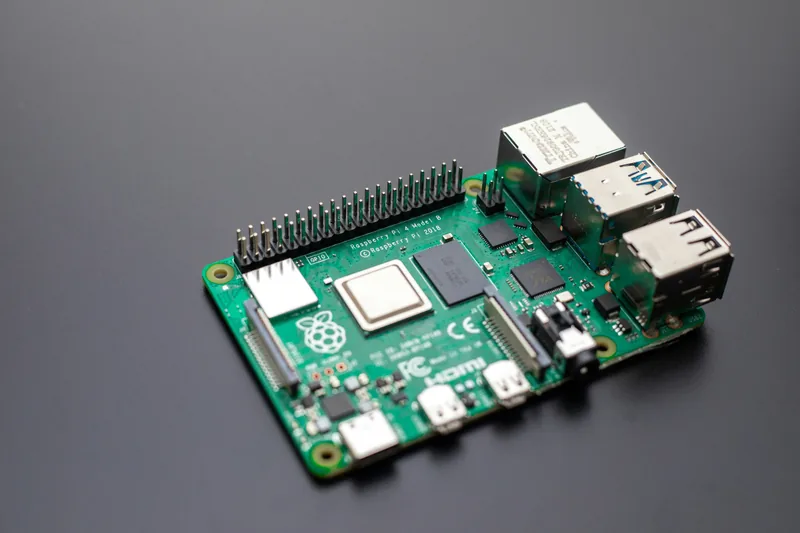 Close-up of a Raspberry Pi board on a table