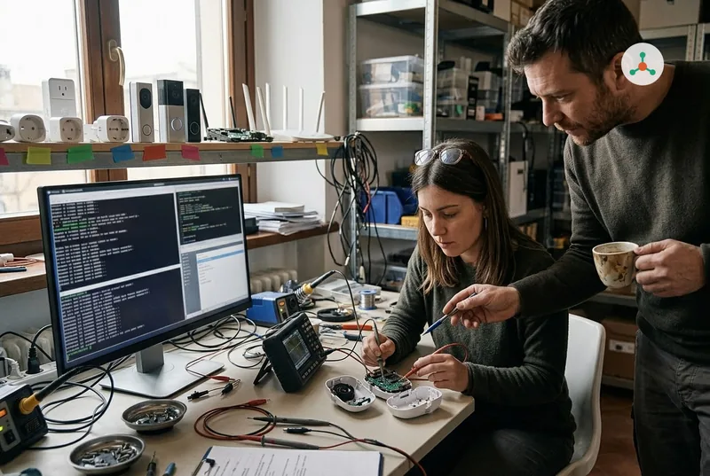 In a security lab, a researcher probes the circuit board of an opened smart camera with a handheld analyser while a colleague with a mug points at the board; smart plugs, doorbells and routers line the shelf