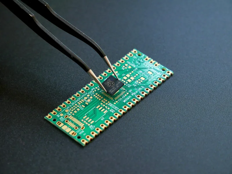 Tweezers placing a tiny microchip on a green circuit board