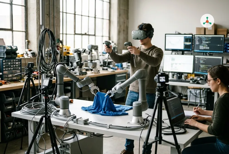 In a robotics lab, an engineer wearing a VR headset and holding two controllers guides two grey robot arms folding a blue T-shirt, while a colleague takes notes at a laptop and small cameras on tripods record the scene