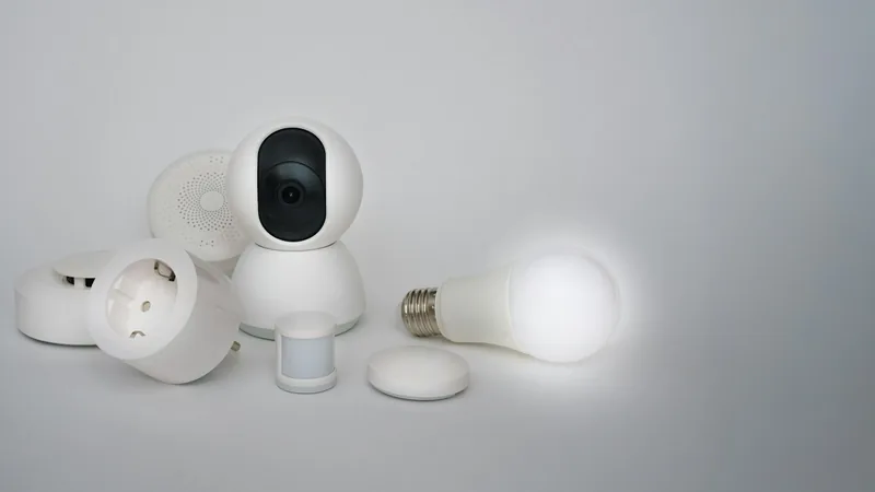 Small white smart home devices on a table